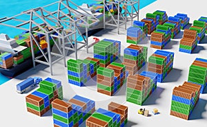 Cargo ship and industrial port with tractor and trailer or semi truck ,shipping container ,logistic import export concept ,3d