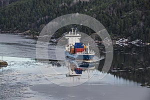 Cargo ship leaving the ringdalsfjord