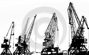 Cargo ship-lifting cranes on the river in the port (black-and-white photo)