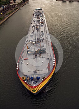 Cargo ship with liquid load in the river Rhine. Cologne. Germany