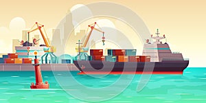 Cargo ship loading in port cartoon vector