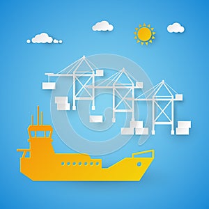 Cargo Ship Loading in Shipping Port. Harbor Dock. Cut Paper Illustration