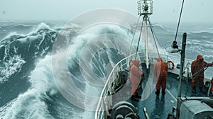 A cargo ship navigates through treacherous waters its crew relying on their strong bonds and determined spirits to