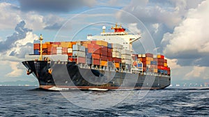 Cargo Ship Navigating Through Ocean with Loaded Containers