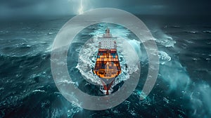 Cargo ship navigating through stormy ocean - generative ai