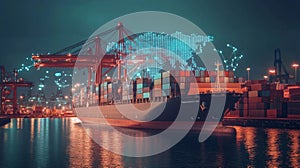 Cargo Ship at Night with Digital Global Network