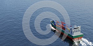 Cargo ship at open sea. Elevated view. Digital 3D render, low poly