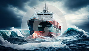 Cargo ship in the open sea stormy weather and brakin. AI generated