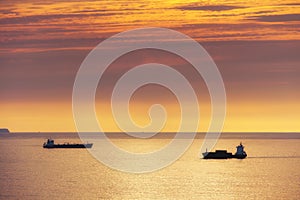 Cargo ship and petroleum tanker at sunset
