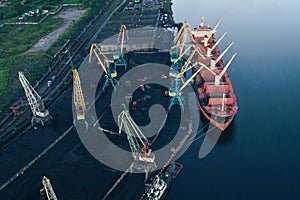 Cargo Ship in the Port Aerial View from Drone