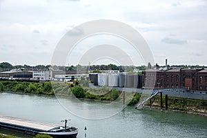 Cargo ship in port, river transport