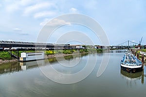 Cargo ship in port, river transport