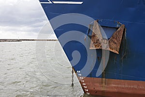Cargo ship prow in harbor