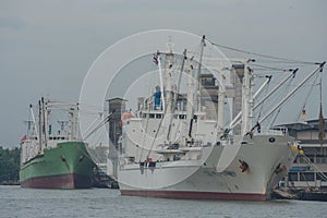 Cargo ship on a river.