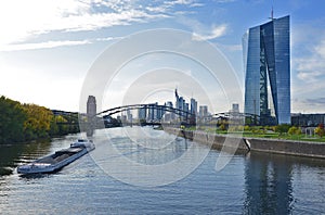 A cargo ship on the river Main in Frankfurt, Germany