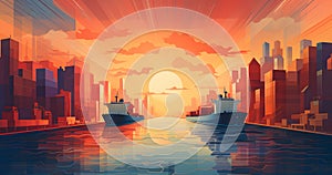 Cargo ship on the river at sunset background. Vector illustration.