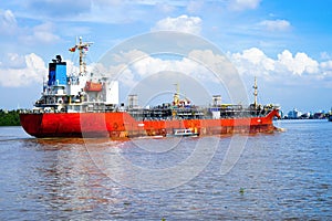 Cargo ship at river of Thailand, Logistics, transportation and shipping.