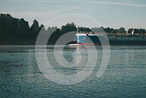 Cargo ship sailing on the Neva river to lake Ladoga,