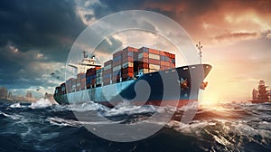 Cargo ship sailing at ocean, Global business logistics and transportation international container ship. generative ai