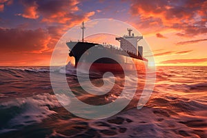 cargo ship sailing on the ocean at sunset