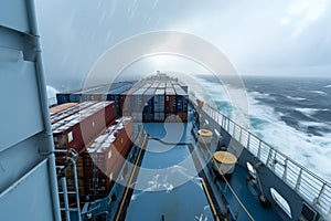 Cargo ship sailing in strong storm, view from deck. Generative AI