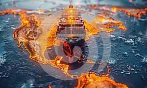 A cargo ship sailing on a world map symbolizing global trade and transportation routes across continents surrounded by a golden