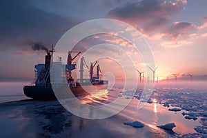 A cargo ship sails through icy waters at sunset, with wind turbines standing tall in the background, AI Generated