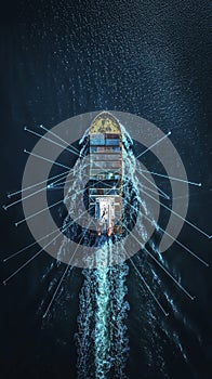 Cargo ship sails through a network of digital pathways