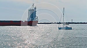 Cargo ship at sea, the ship returned to port in the Baltic sea