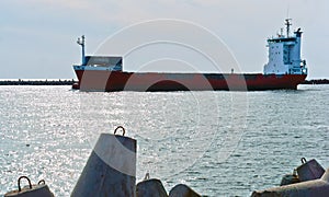 Cargo ship at sea, the ship returned to port in the Baltic sea