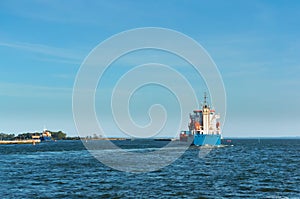 Cargo ship at sea, the ship returned to port in the Baltic sea