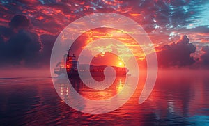 Cargo ship on the sea at sunset. 3d render