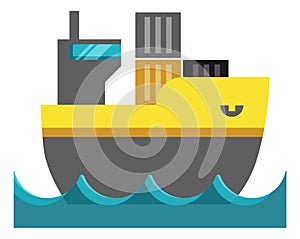 Cargo ship in sea waves. Yellow ship with containers