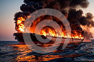 Cargo ship, shipping vessel on fire in the ocean, marine disaster failure