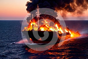 Cargo ship, shipping vessel on fire in the ocean, marine disaster failure