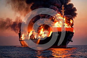 Cargo ship, shipping vessel on fire in the ocean, marine disaster failure