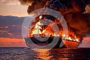 Cargo ship, shipping vessel on fire in the ocean, marine disaster failure