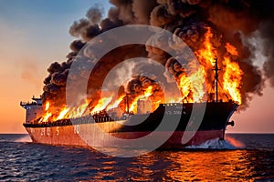 Cargo ship, shipping vessel on fire in the ocean, marine disaster failure