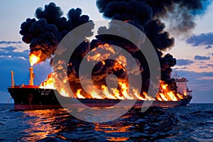 Cargo ship, shipping vessel on fire in the ocean, marine disaster failure