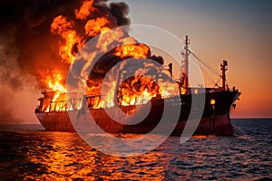 Cargo ship, shipping vessel on fire in the ocean, marine disaster failure