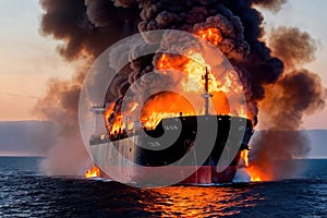 Cargo ship, shipping vessel on fire in the ocean, marine disaster failure