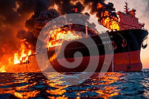 Cargo ship, shipping vessel on fire in the ocean, marine disaster failure