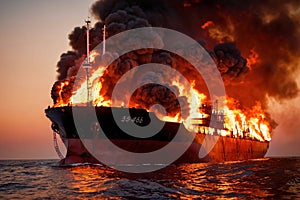 Cargo ship, shipping vessel on fire in the ocean, marine disaster failure