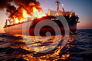 Cargo ship, shipping vessel on fire in the ocean, marine disaster failure