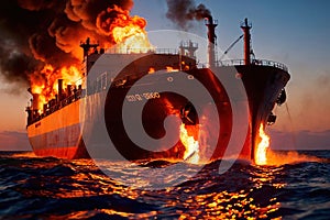 Cargo ship, shipping vessel on fire in the ocean, marine disaster failure