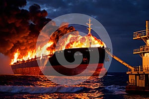 Cargo ship, shipping vessel on fire in the ocean, marine disaster failure