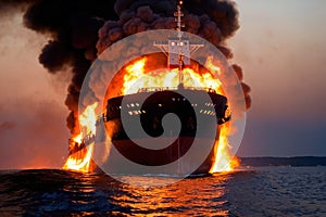 Cargo ship, shipping vessel on fire in the ocean, marine disaster failure