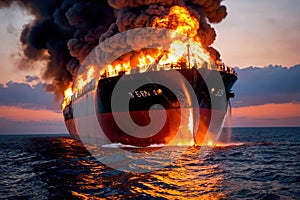 Cargo ship, shipping vessel on fire in the ocean, marine disaster failure