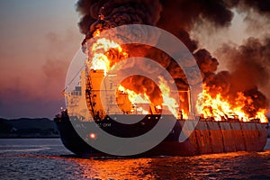 Cargo ship, shipping vessel on fire in the ocean, marine disaster failure