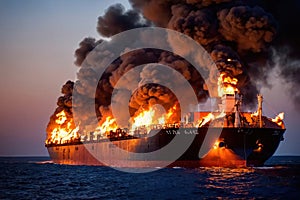 Cargo ship, shipping vessel on fire in the ocean, marine disaster failure